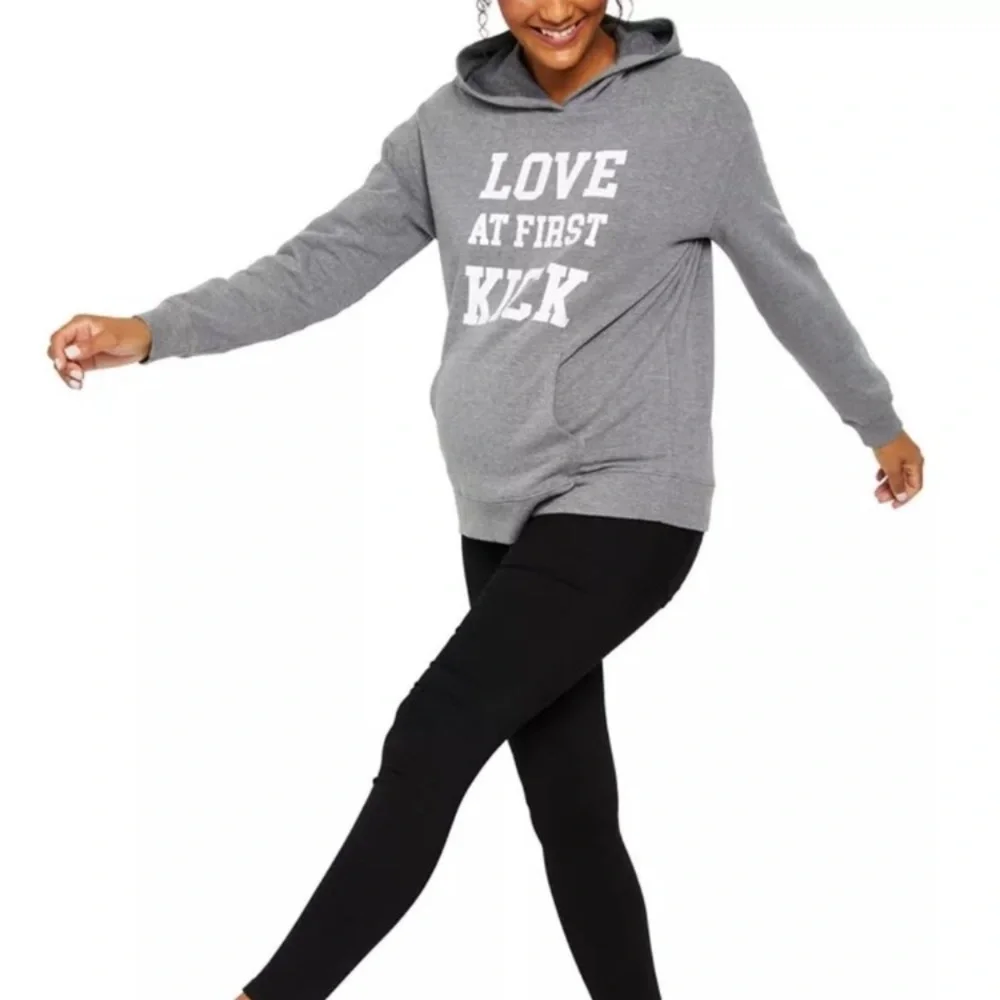 Motherhood Maternity Women’s Gray Hoodie ‘Love At First Kick’